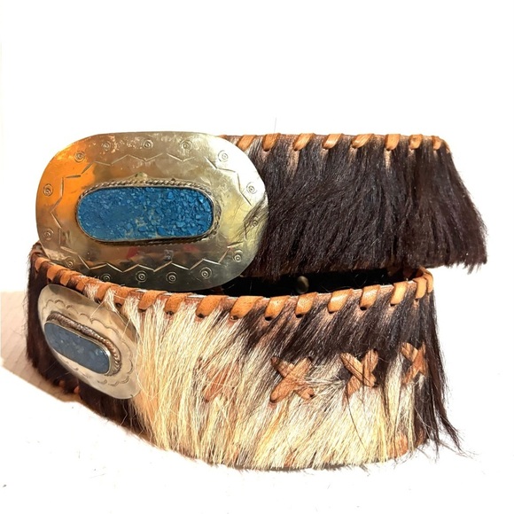 Vintage L 40 X3”  Silver and Blue leather / cowhide hair Western Belt main image 5